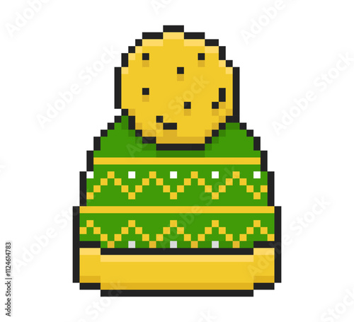 Knitted winter hat in green with a yellow pompom. Vector illustration in pixel style.