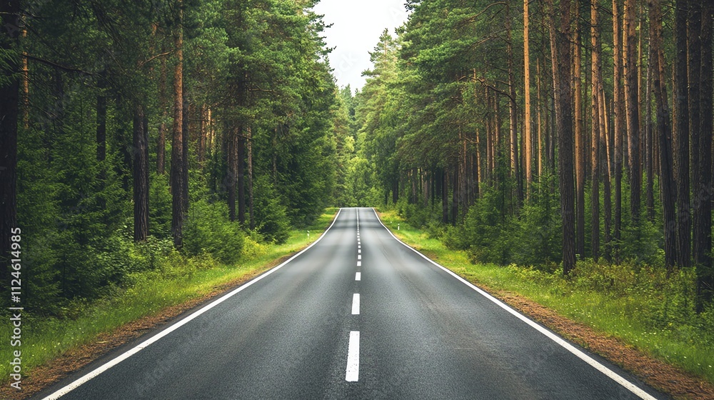 Naklejka premium A long, straight road through a forest.