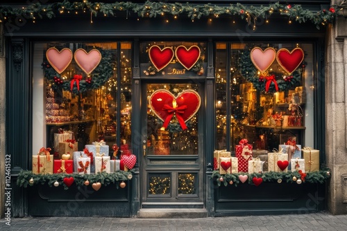 Beautiful storefront adorned with hearts and festive decorations during holiday season photo