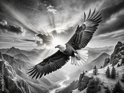 Aerial Black and White Engraved Illustration of an Isolated Eagle Soaring Over a Majestic Landscape with Dramatic Shadows and Textures Captured from Above photo