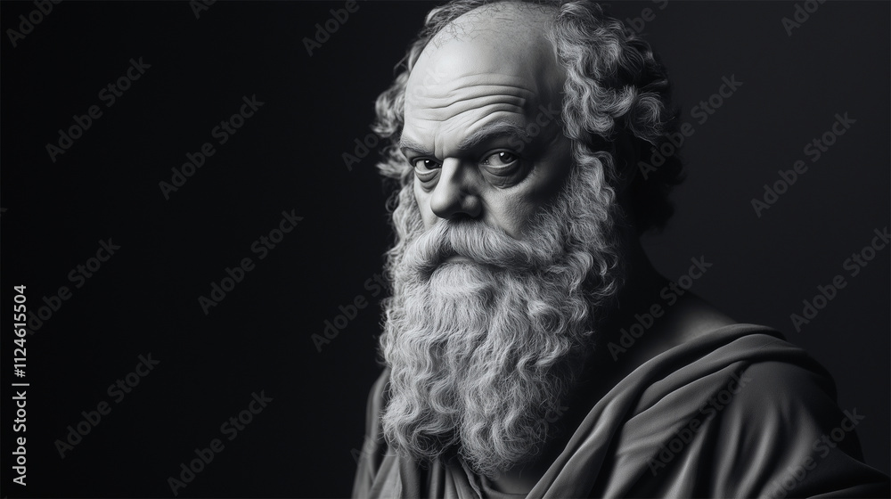 Obraz premium Grayscale AI facial reconstruction of Socrates based on his known sculpture, Greek philosopher. 