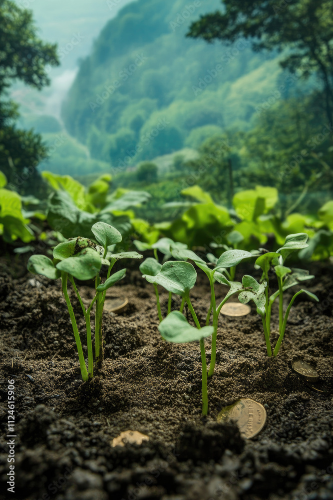 Coins and soil blended together with green seedlings emerging, set against a farm backdrop, showcasing growth and the rewards of hard work Coins and soil blended together with green seedlings emerging, set against a farm backdrop, showcasing growth and the rewards of hard work