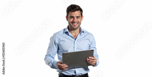 a male businessman in a business suit holds a tablet in his hands on a white background. Office worker