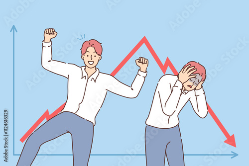 Volatility of financial market pleases or upsets man standing near chart with sharp fluctuations