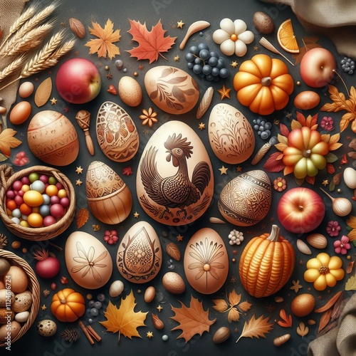 173 Thanksgiving Egg Egg with a cornucopia and autumn harvest el photo