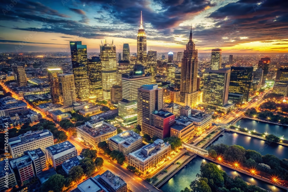 Fototapeta premium Aerial Drone View of Melbourne City Skyline at Night: Vintage Style Photography of Skyscrapers and Downtown Cityscape in Australia with Illuminated Buildings and Urban Landscape