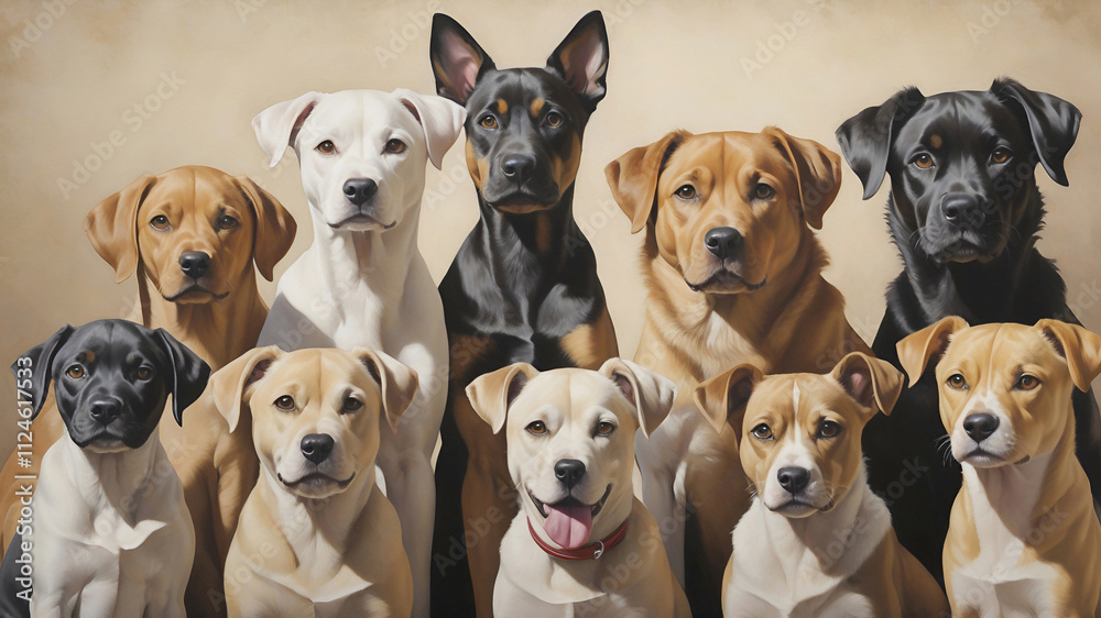 Obraz premium Group of adorable dogs sitting together. Soft watercolor in earthy tones adds warmth, perfect for dog lovers.