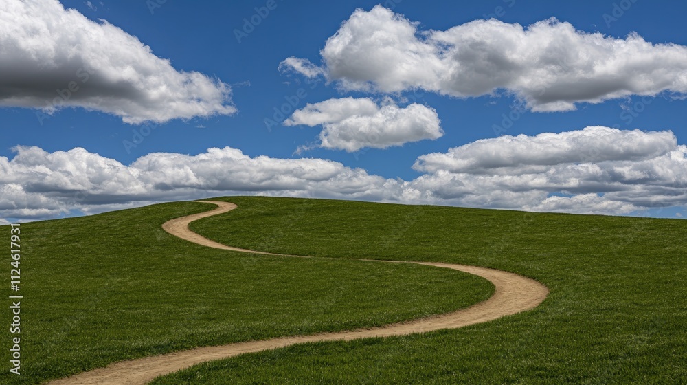 Obraz premium A winding dirt bike track traverses a lush green hill, showcasing the beauty of outdoor motorsport under a bright blue sky