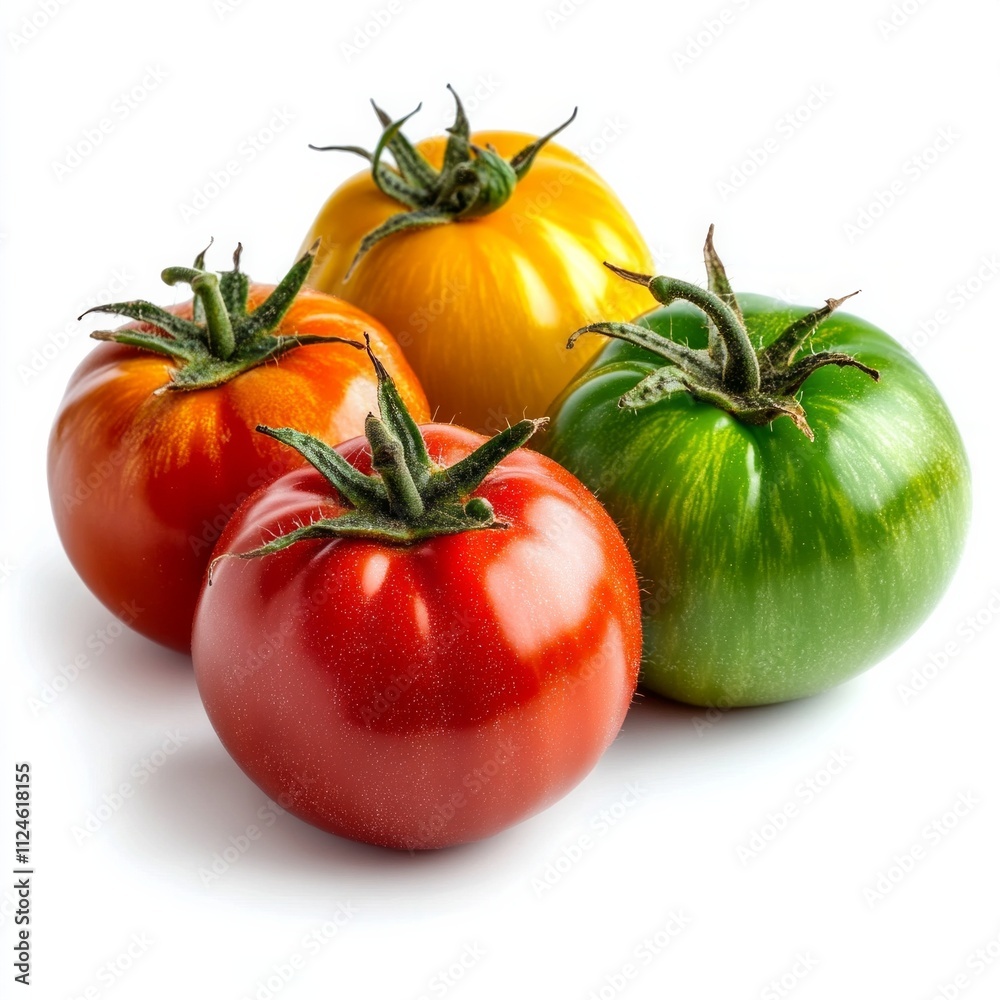 Vibrant assorted tomatoes: red, green, yellow with stems. Vibrant assorted tomatoes: red, green, yellow with stems.
