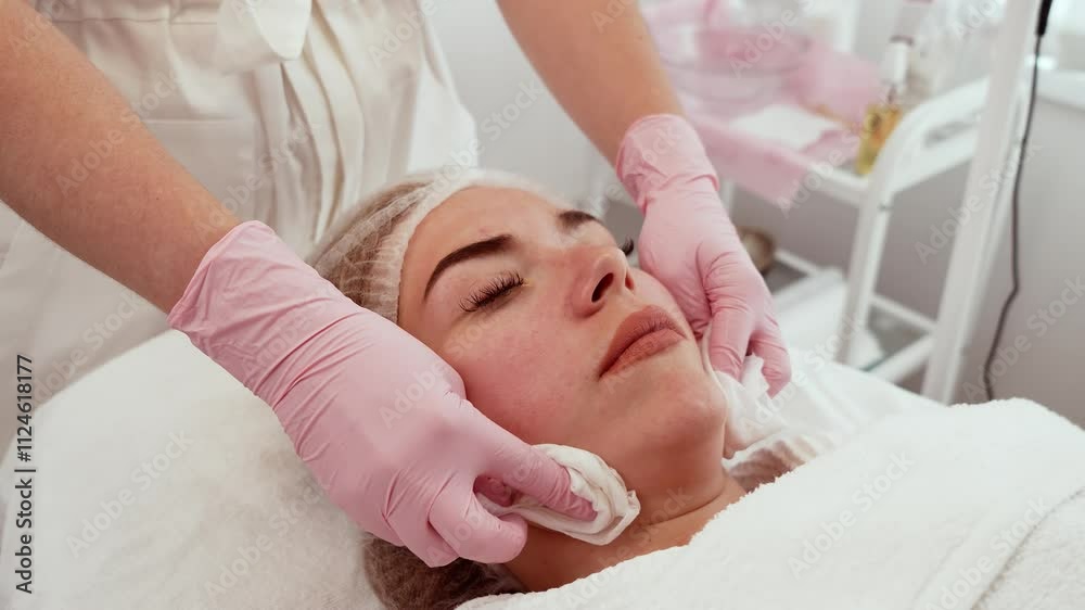 Woman lying on treatment table with relaxed expression, professional cleaning face with cotton pads. Female resting during skincare procedure, gentle cleansing performed by expert. Lady relaxing while Woman lying on treatment table with relaxed expression, professional cleaning face with cotton pads. Female resting during skincare procedure, gentle cleansing performed by expert. Lady relaxing while