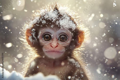 Fluffy Baby Monkey in Snow, Snowflakes on Fur, Wide Curious Eyes Gazing at Camera photo