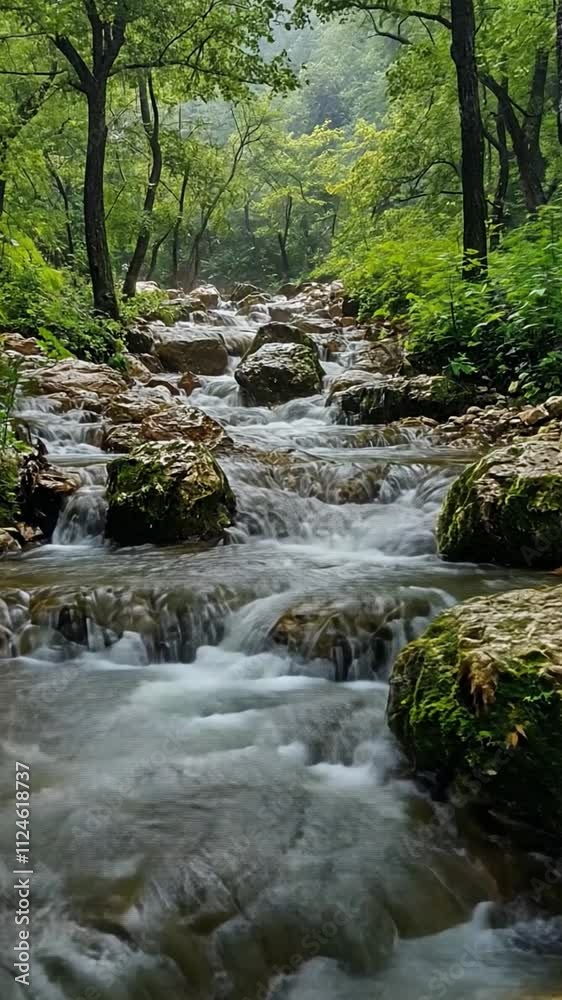 Serene Forest Stream: Tranquil water flows over smooth stones in a lush green forest, creating a peaceful and picturesque scene. Serene Forest Stream: Tranquil water flows over smooth stones in a lush green forest, creating a peaceful and picturesque scene.