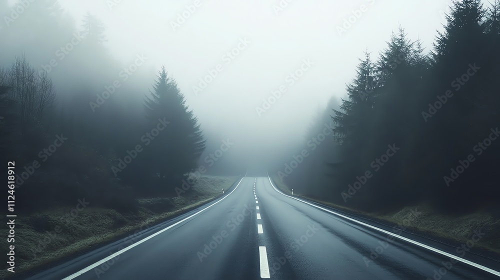 Fototapeta premium A winding road goes through a forest in black and white.