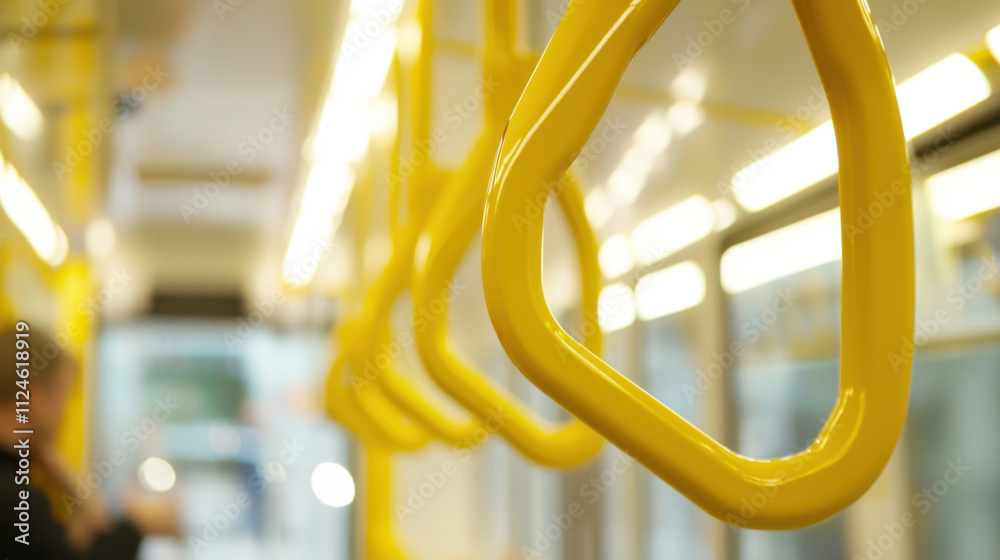 Yellow Handrails Inside Modern Public Transport, Close-Up Design Details Yellow Handrails Inside Modern Public Transport, Close-Up Design Details