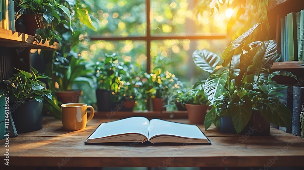 Open Book on Desk near Plants and Window Open Book on Desk near Plants and Window