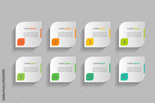 business concept with 8 steps, white rectangle  with colorful label design for workflow layout, diagram, annual report, web design. Creative banner,  vector