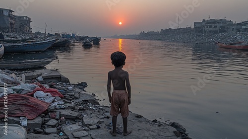 A child standing amidst the polluted shoreline photo