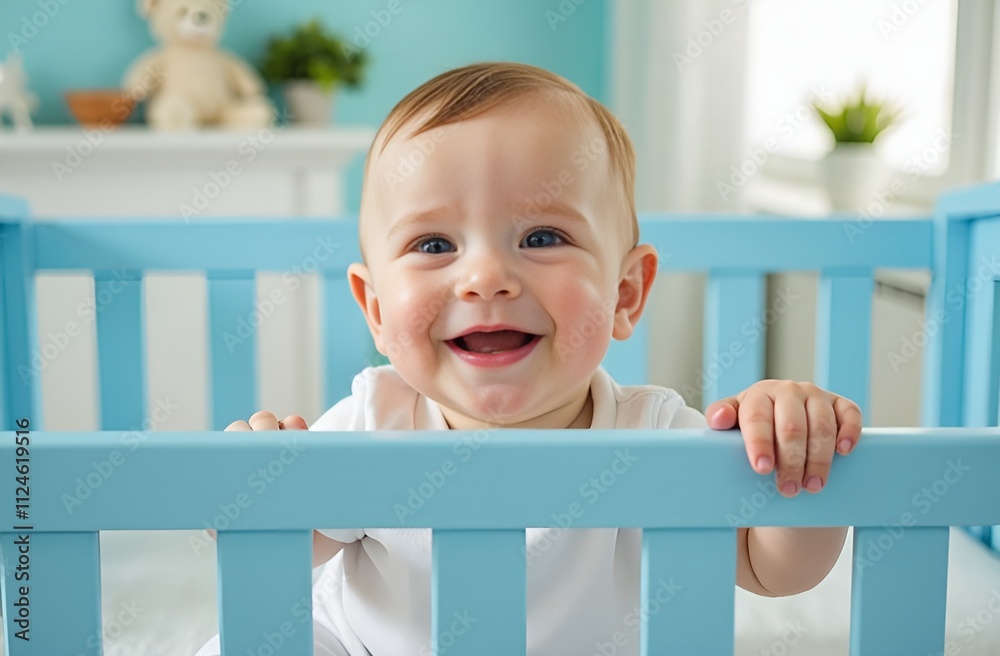 Nesting Party banner concept. Smiling baby boy in baby bed. Cute happy newborn child. Poster for materinity clinic day care center. Social media children's art. Nesting Party banner concept. Smiling baby boy in baby bed. Cute happy newborn child. Poster for materinity clinic day care center. Social media children's art.