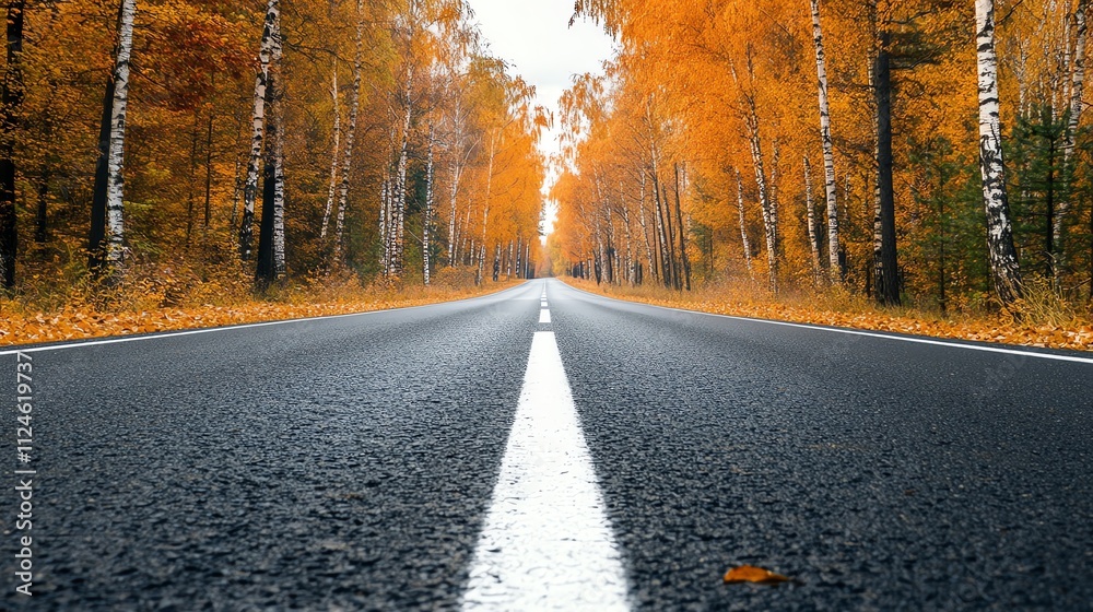 Fototapeta premium A paved road through a forest in the fall.