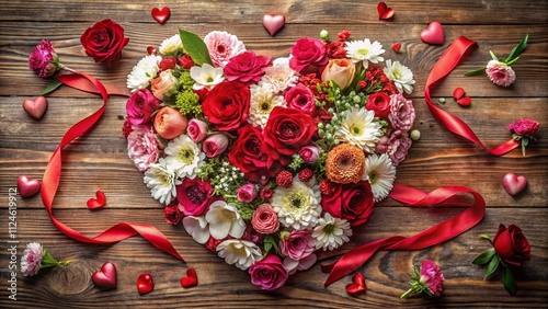 Aerial Photography of a Heart-shaped Floral Arrangement for a Valentine's Day Greeting Card Design, Featuring Vibrant Colors and Romantic Elements to Celebrate Love