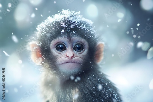 Fluffy Baby Monkey in Snow, Snowflakes on Fur, Wide Curious Eyes Gazing at Camera photo