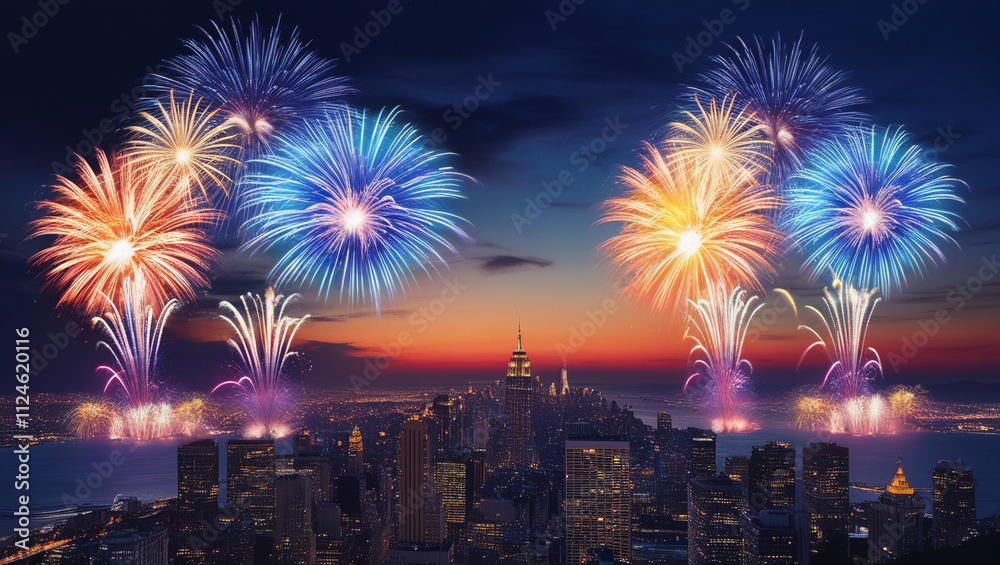 AI generative. Illustration image of firework in the night with cityscape background. 3 AI generative. Illustration image of firework in the night with cityscape background. 3