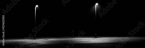 A solitary person stands in the darkness of an empty street, illuminated by streetlights, creating a captivating contrast of light and shadows. Generative AI