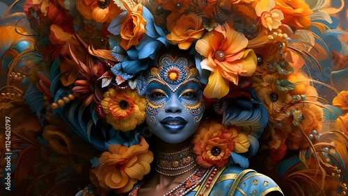 Close-up of a young woman's face. Carnival Festival in the Caribbean. Black woman with multicolored face paint. Brazilian carnival. Generate AI.