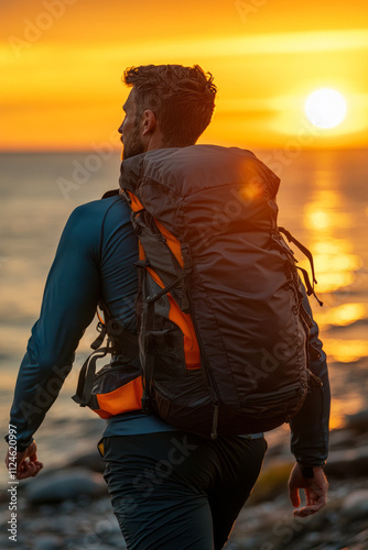 A man rucks along a coastal path during sunset, carrying a heavy backpack. The vibrant orange sky reflects on the water, creating a peaceful atmosphere