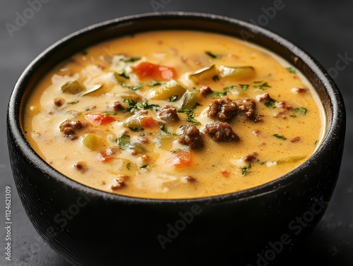 Keto Cheeseburger Soup Served in a Black Bowl Against a Black Background