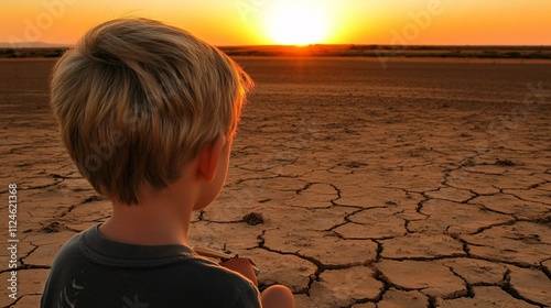 A child observing a polluted sunset photo