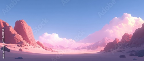 Stunning sunset over pink desert landscape remote location digital art serene atmosphere wide angle photo