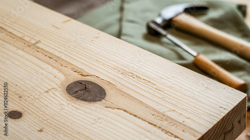 Full image of Poplar wood surface showcasing a smooth texture with natural knots and grain patterns, perfect for woodworking projects, design backgrounds, and natural decor themes.  photo