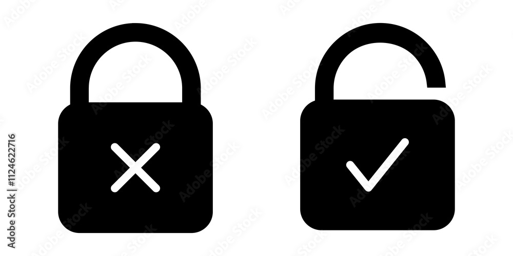 black padlock icon with tick and cross black padlock icon with tick and cross