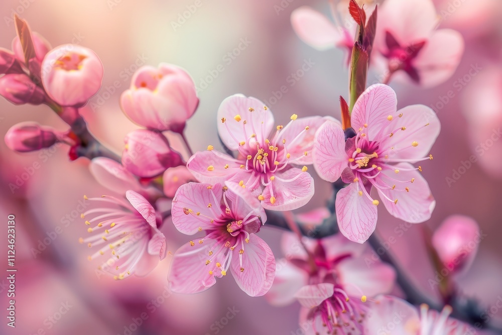 Obraz premium Clusters of soft pink cherry blossoms bloom vibrantly against a blurred spring backdrop, showcasing nature’s elegance and the beauty of renewal during this season.