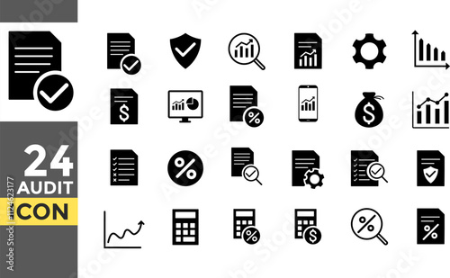 Audit solid icon set. Perfect for financial presentations. Accounting icons collection. Check and audit symbol. Quality control icon sign