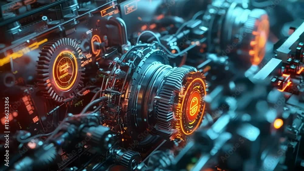 Complex futuristic machine operating with spinning gears and data displayed on screens. Perfect for projects related to innovative manufacturing, automation, and advanced technology