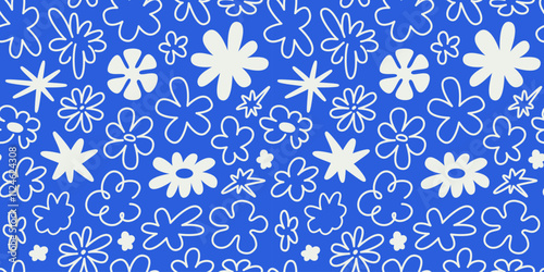 Vector seamless pattern in simple floral wavy and groovy naive style, flowers and plants, floral botanic hand drawn design templates, modern art prints, surface design