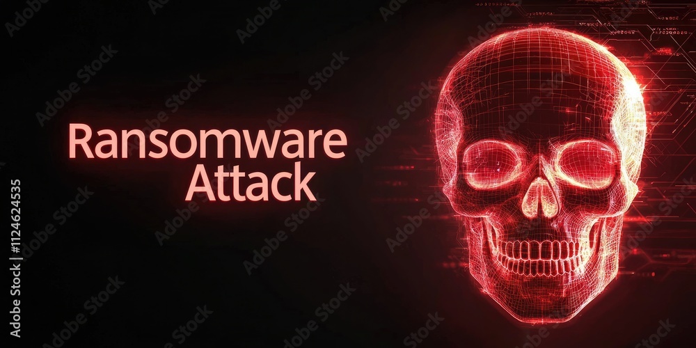Cybersecurity ransomware concept. Digital artwork depicting a skull with Cybersecurity ransomware concept. Digital artwork depicting a skull with