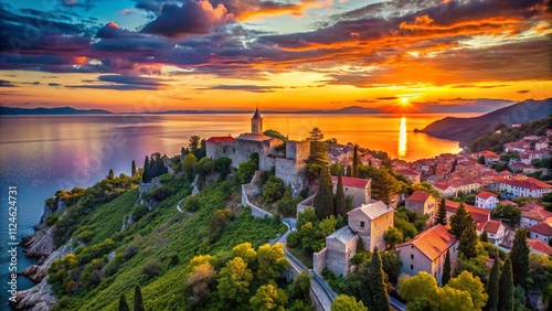 Aerial Sunset Panorama of Omi, Croatia Showcasing the Majestic Mirabela Fortress with Vibrant Colors and Scenic Views Overlooking the Adriatic Sea and Surrounding Landscape photo