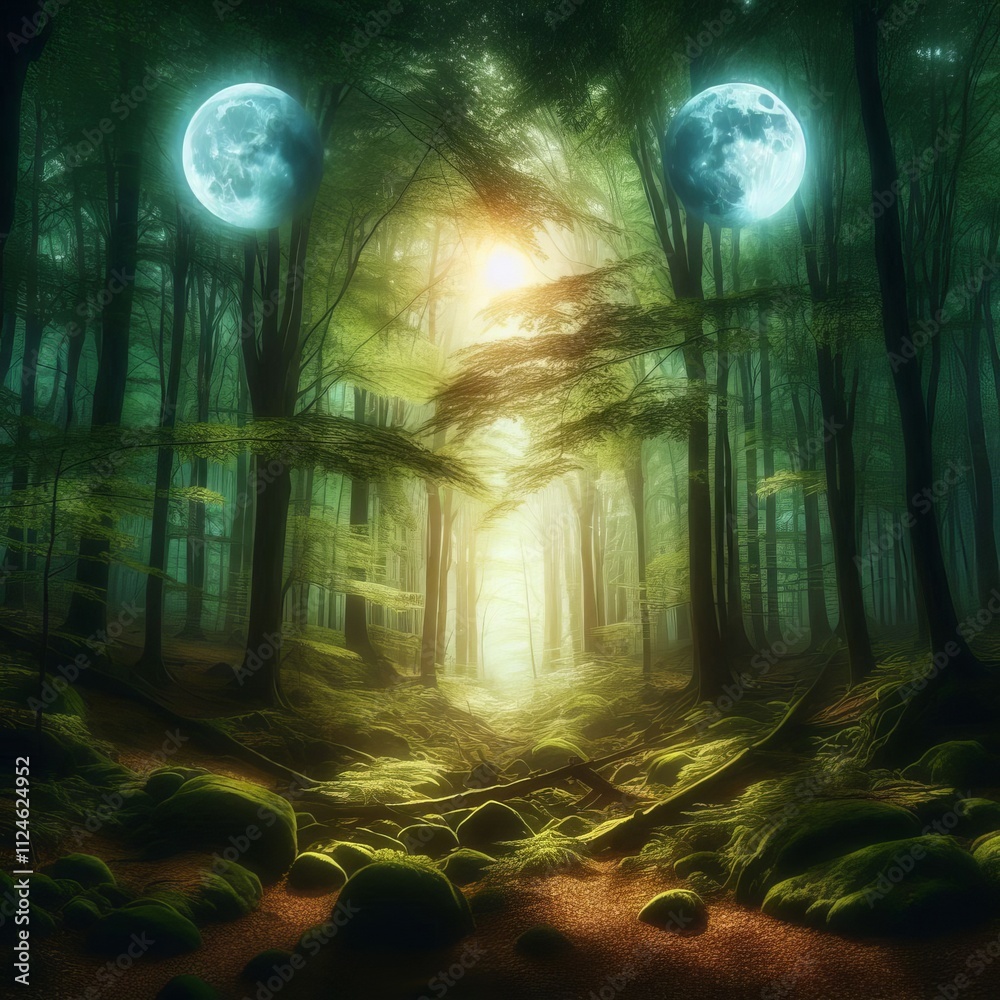 Obraz premium Dense Forest Under Twin Moons The canopy of a dense forest glows