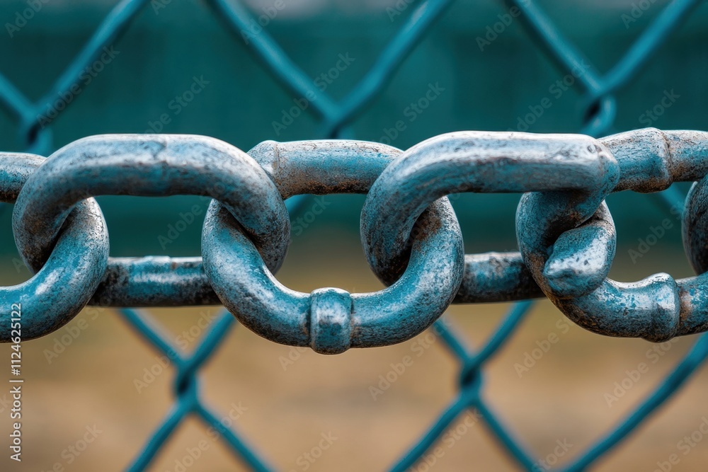 Symbolic metal chain wrapped around fence representing security and resilience in urban environment close-up shot capturing texture and strength of metal elements Symbolic metal chain wrapped around fence representing security and resilience in urban environment close-up shot capturing texture and strength of metal elements