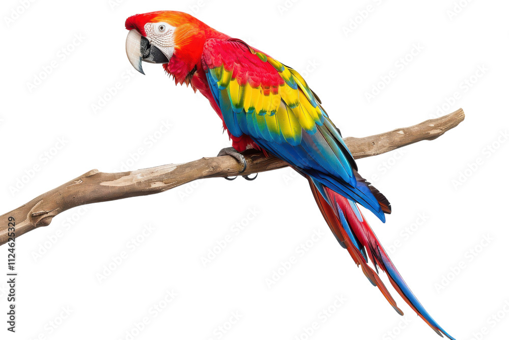 Naklejka premium Stunning Hyperrealistic Scarlet Macaw Perched Elegantly on an Invisible Branch Ideal for Nature and Wildlife Enthusiasts