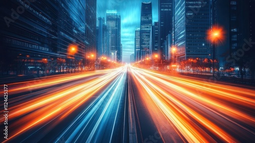 Traffic Flow in a City at Twilight with Modern Buildings and Vibrant Light Trails