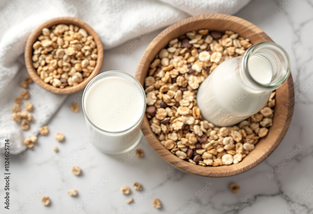 A glass of milk, a wooden bowl filled with granola or cereal, and a glass milk bottle on a light marble or stone background A glass of milk, a wooden bowl filled with granola or cereal, and a glass milk bottle on a light marble or stone background