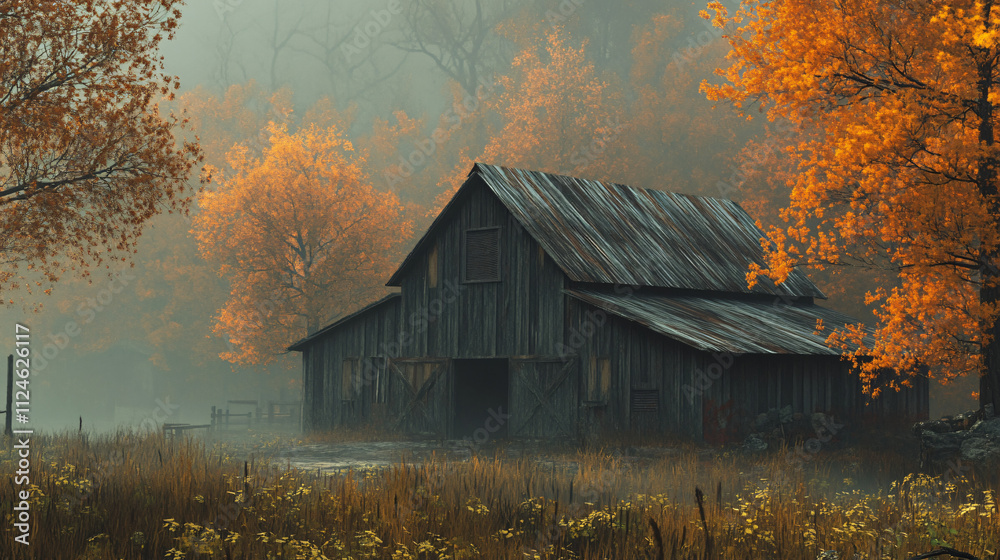 A rustic autumn barn surrounded by orange and yellow trees, with a slight fog covering the ground and the first signs of winter approaching. A rustic autumn barn surrounded by orange and yellow trees, with a slight fog covering the ground and the first signs of winter approaching.
