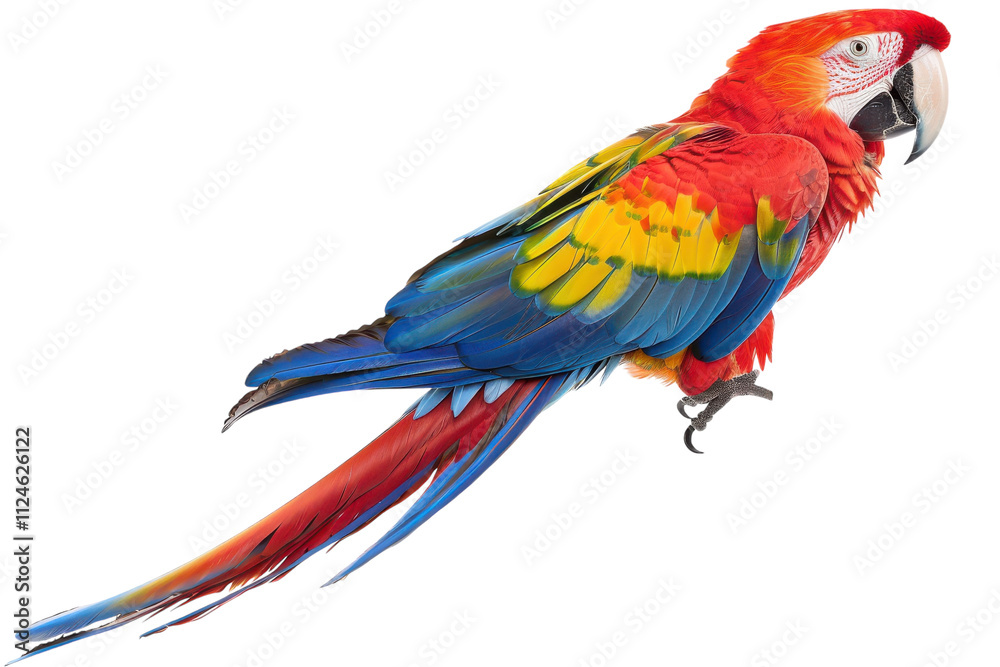 Fototapeta premium Stunning Side Profile of a Hyperrealistic Scarlet Macaw Displaying Its Vibrant Wing Colors for Art and Nature Projects