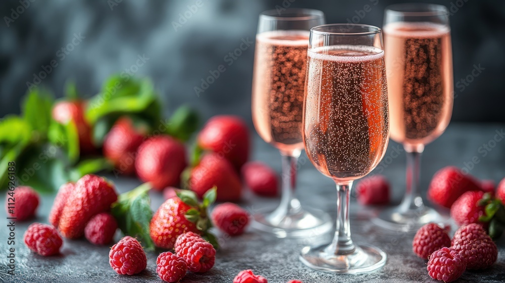 Luxury glasses with pink sparkling wine with fresh raspberries on a dark table. Luxury glasses with pink sparkling wine with fresh raspberries on a dark table.