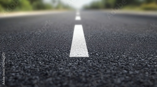 Close up of an asphalt road with a white line down the center. photo