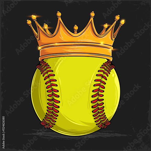 Hand drawn yellow Softball Ball with red stitches with golden shiny royal crown, softball with crown